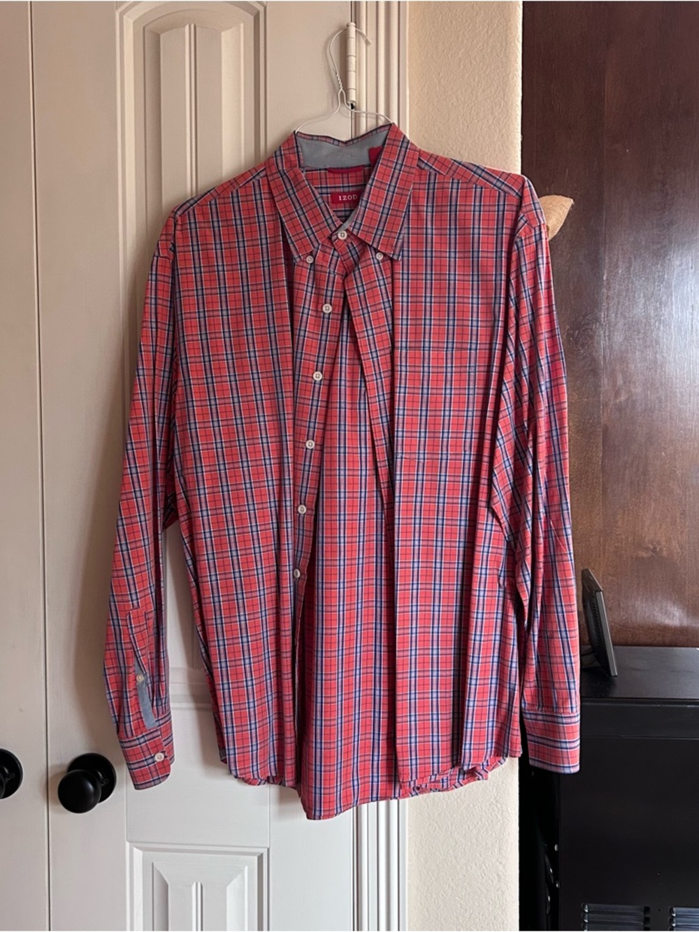 Izod Men’s Coral and Navy Plaid Button-Down Shirt
